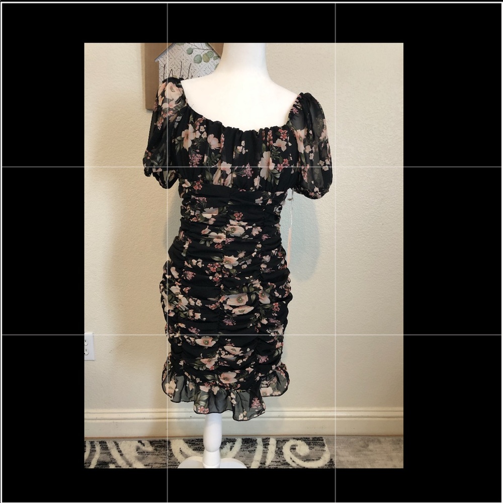 Black ruched floral dresses